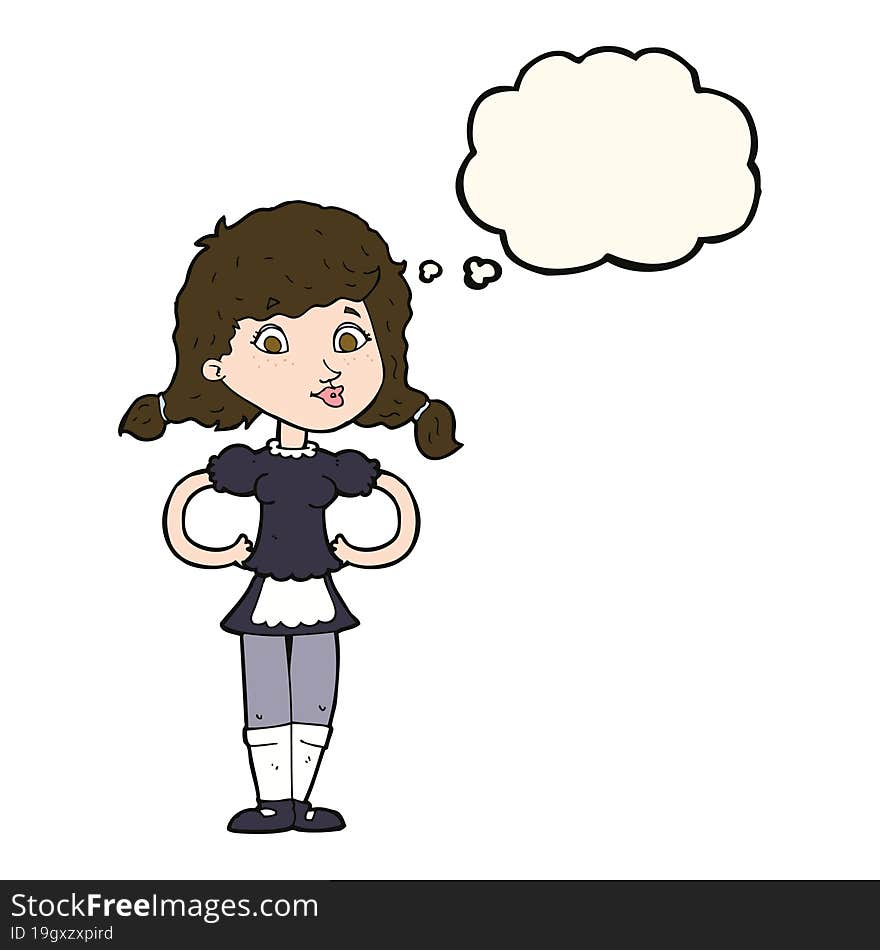 cartoon happy waitress woman with thought bubble