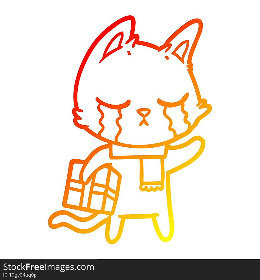 warm gradient line drawing of a crying cartoon cat holding christmas present