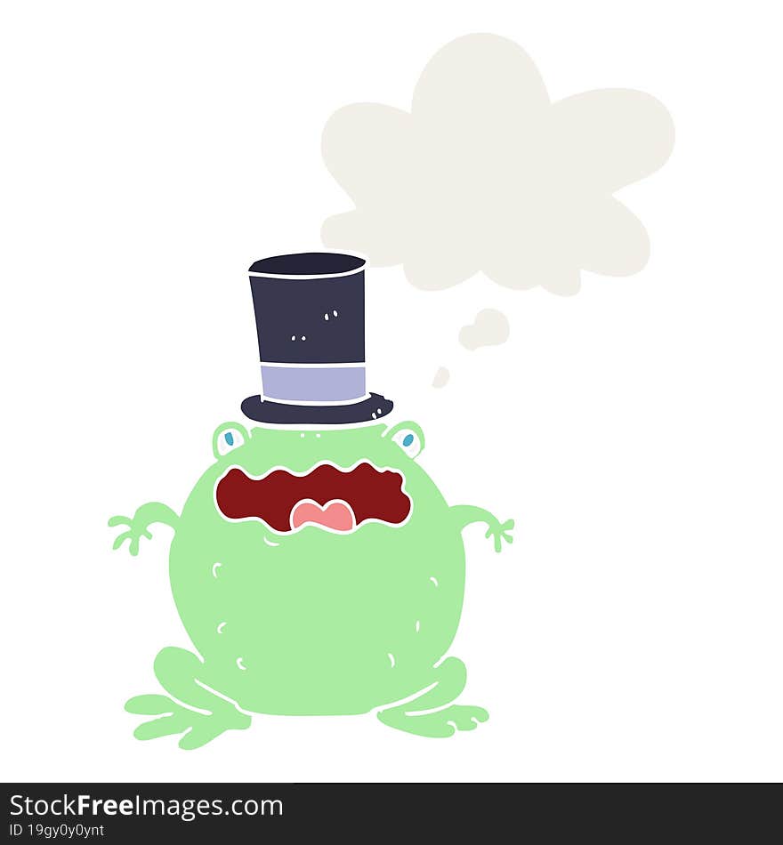 cartoon toad wearing top hat and thought bubble in retro style