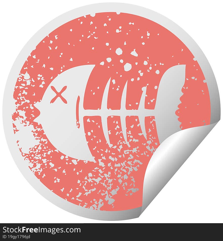 Quirky Distressed Circular Peeling Sticker Symbol Dead Fish Bone