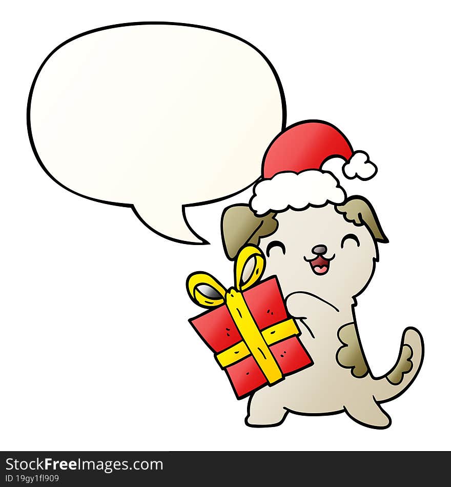 cute cartoon puppy and christmas present and hat and speech bubble in smooth gradient style