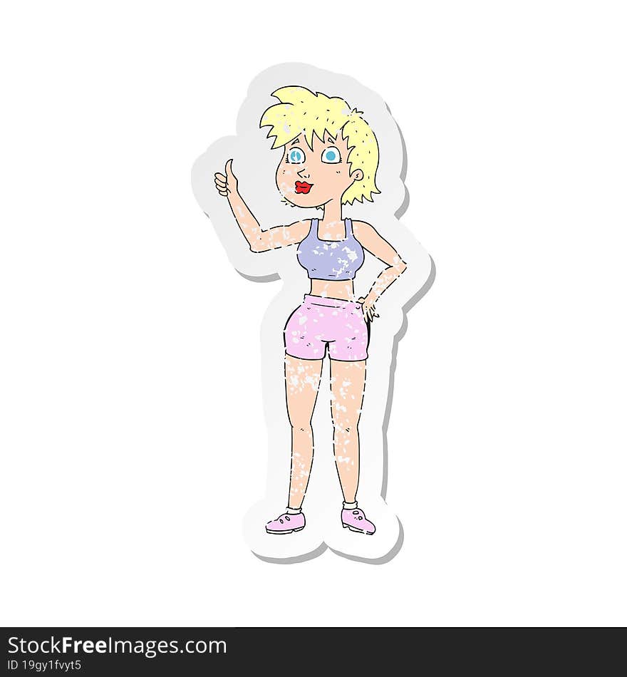 retro distressed sticker of a happy gym woman giving thumbs up symbol