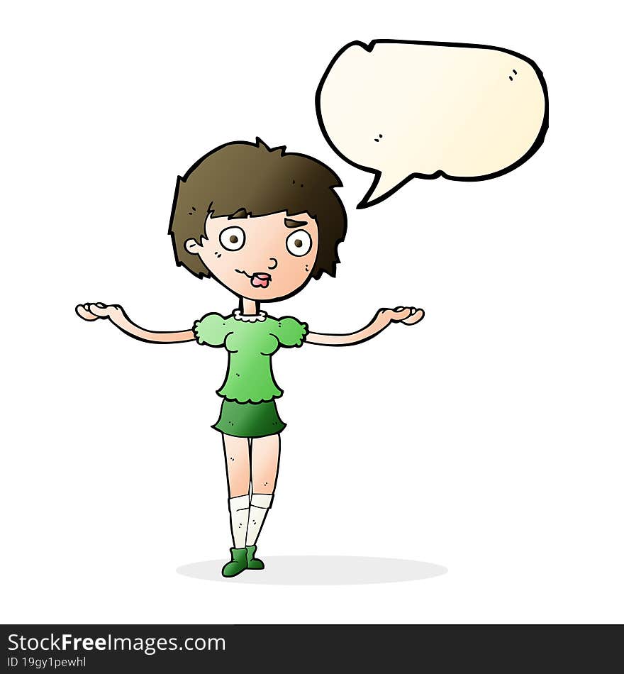 cartoon woman spreading arms with speech bubble