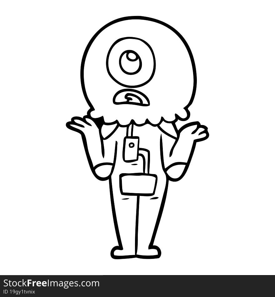 cartoon cyclops alien spaceman shrugging shoulders. cartoon cyclops alien spaceman shrugging shoulders