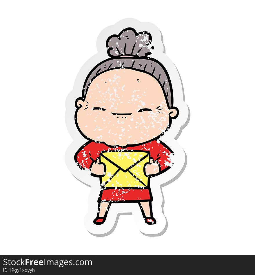 Distressed Sticker Of A Cartoon Peaceful Old Woman