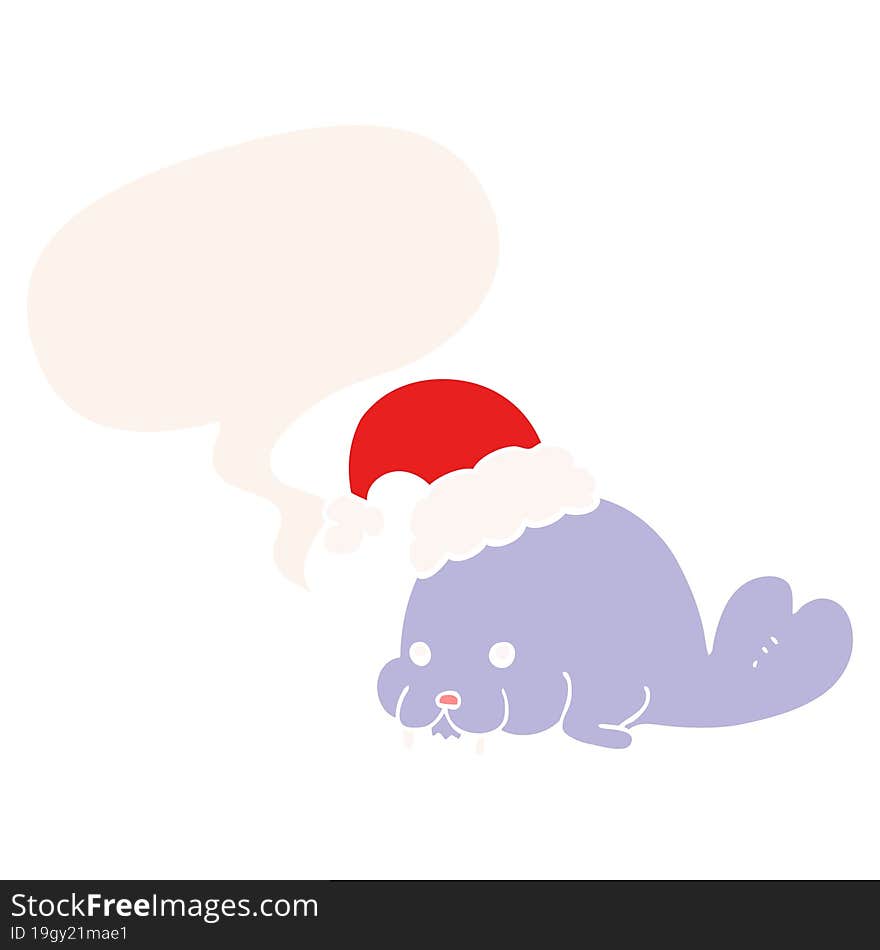 cartoon christmas walrus and speech bubble in retro style