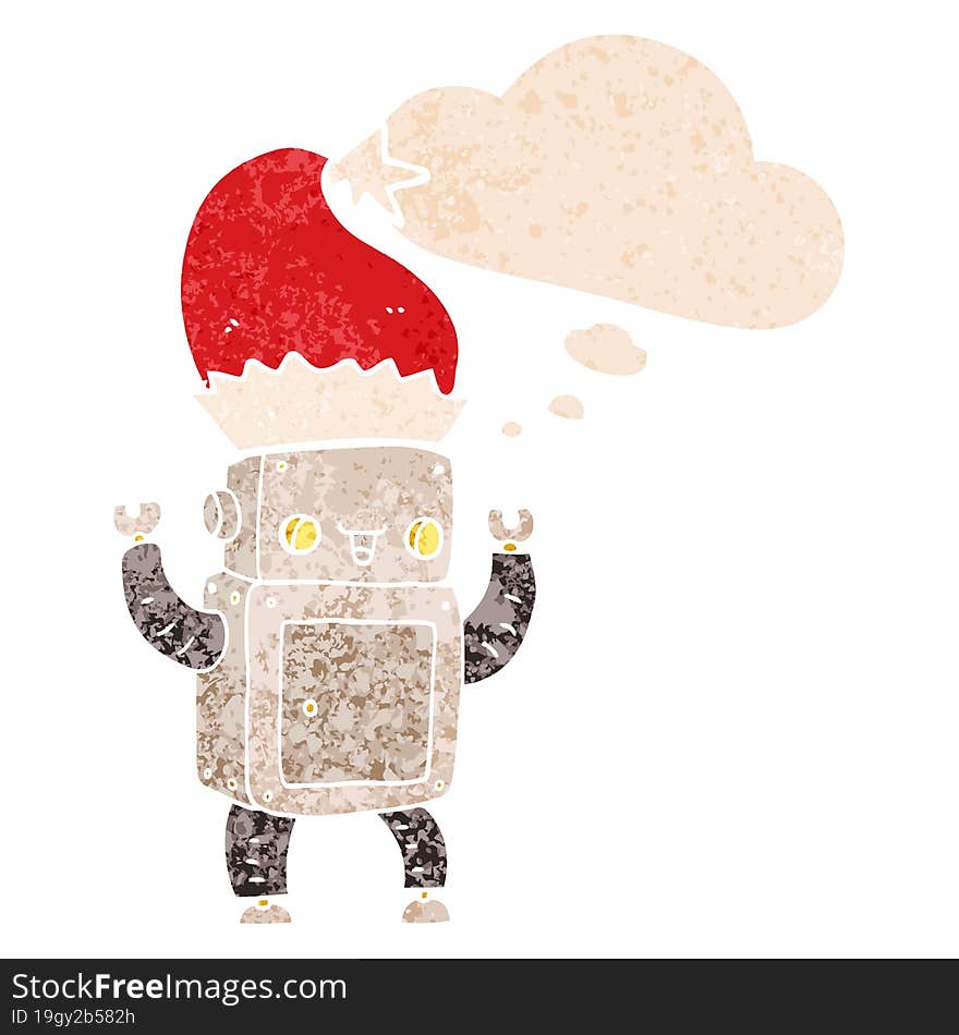 cartoon christmas robot and thought bubble in retro textured style