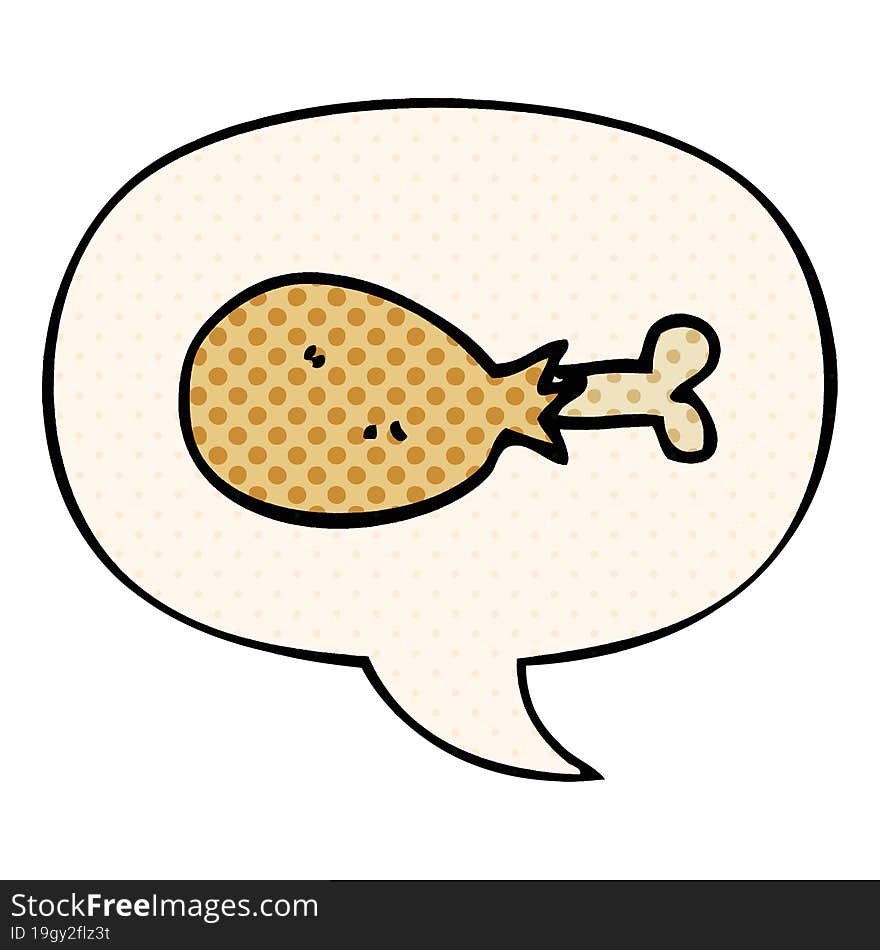 cartoon cooked chicken leg and speech bubble in comic book style