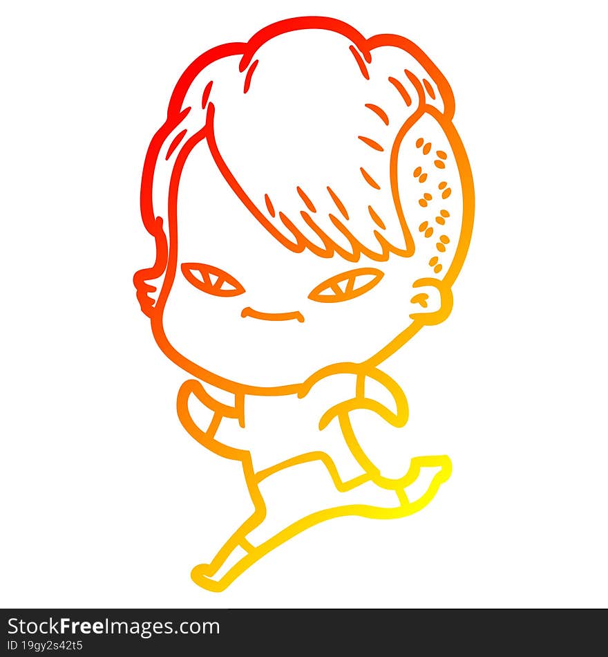 Warm Gradient Line Drawing Cute Cartoon Girl With Hipster Haircut