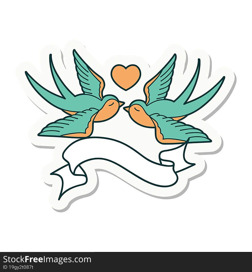 tattoo style sticker with banner of swallows and a heart