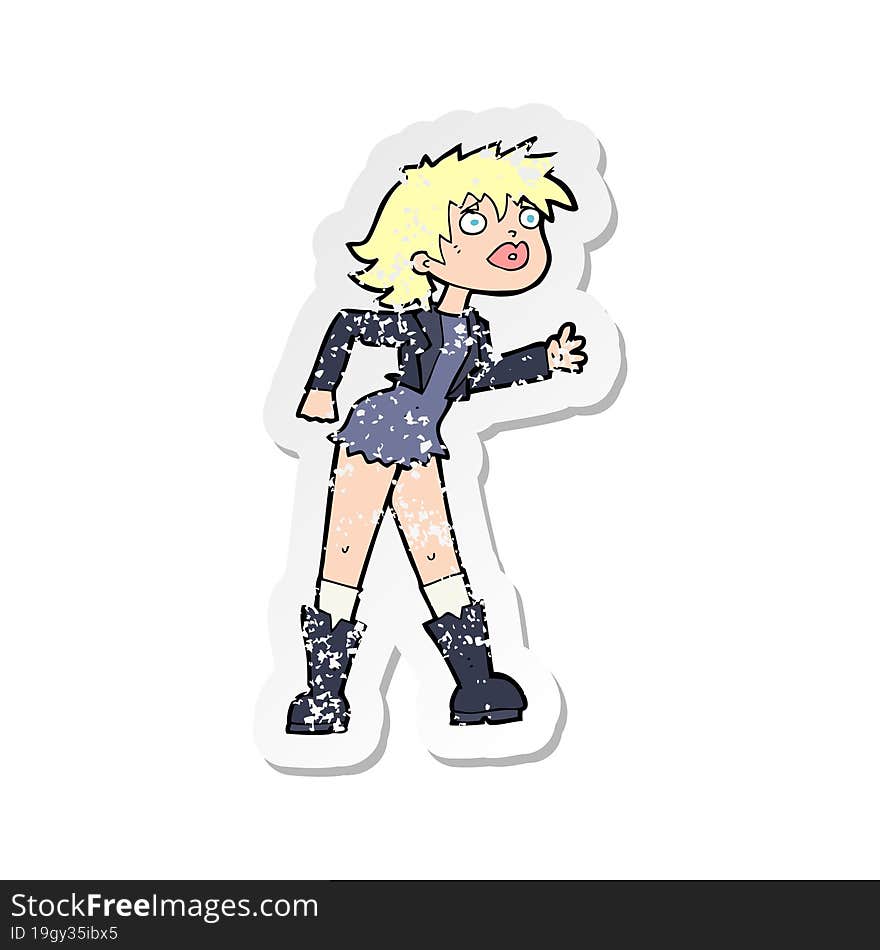 retro distressed sticker of a cartoon girl in leather jacket