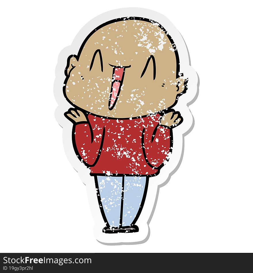 distressed sticker of a happy cartoon bald man