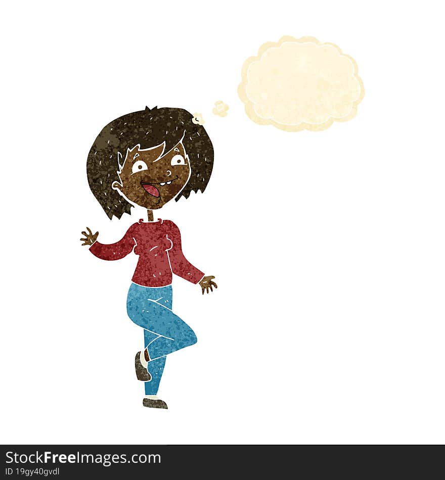 cartoon laughing woman with thought bubble