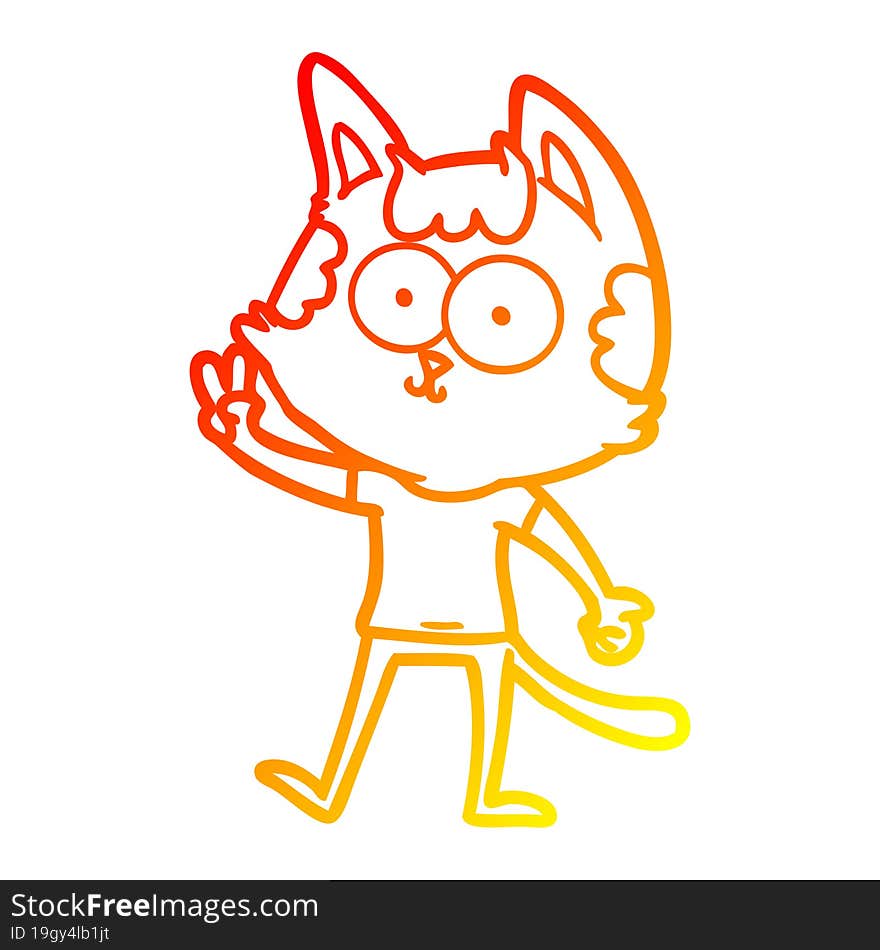 Warm Gradient Line Drawing Happy Cartoon Cat Giving Peace Sign