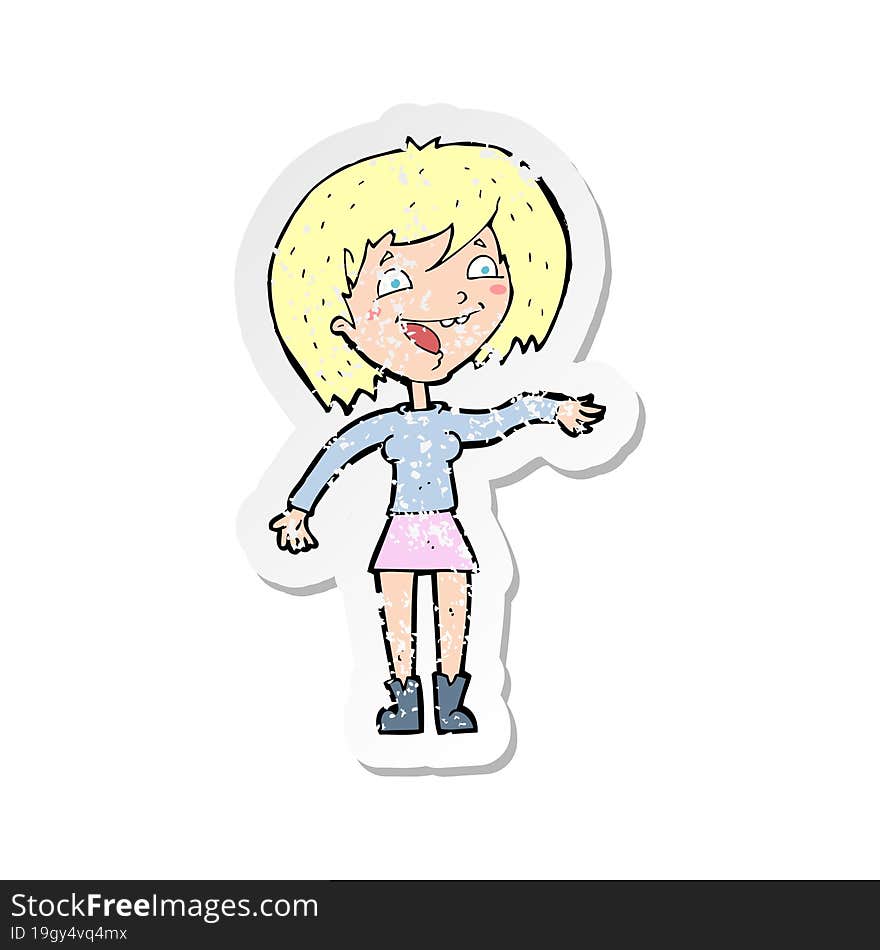 retro distressed sticker of a cartoon waving woman