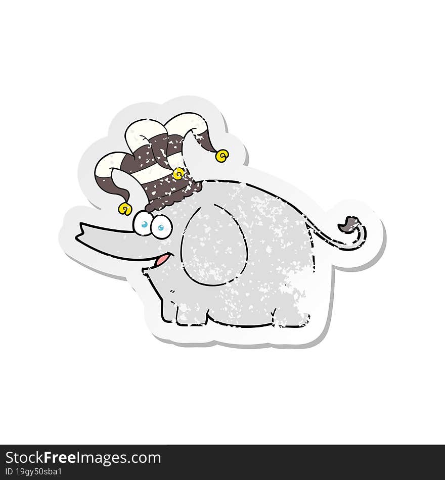 retro distressed sticker of a cartoon elephant wearing circus hat