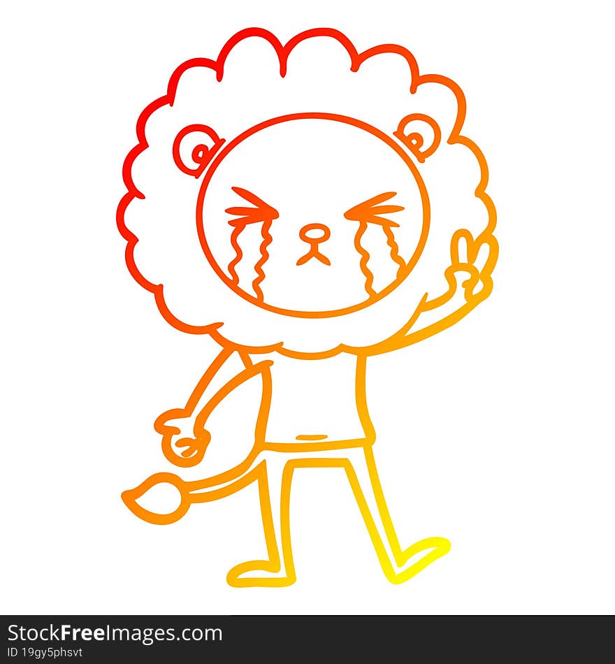 warm gradient line drawing cartoon crying lion giving peace sign