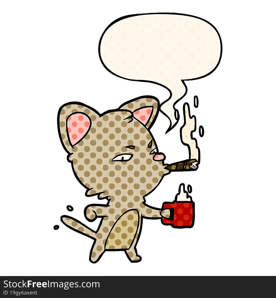 cartoon serious business cat with coffee and cigar with speech bubble in comic book style