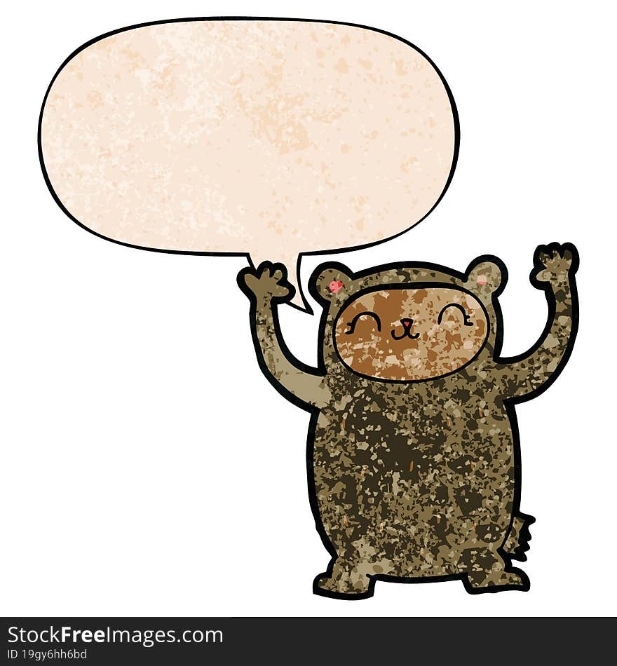 cute cartoon bear and speech bubble in retro texture style