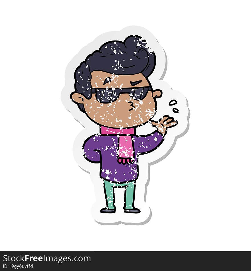 distressed sticker of a cartoon cool guy