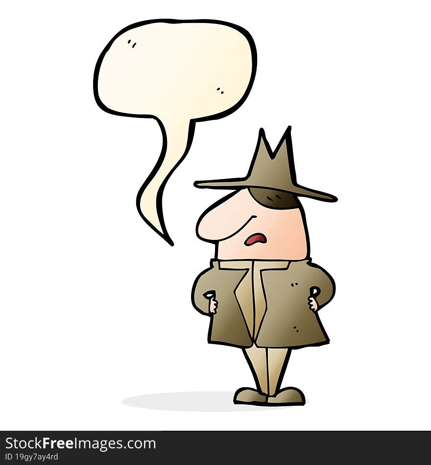 cartoon man in coat and hat with speech bubble