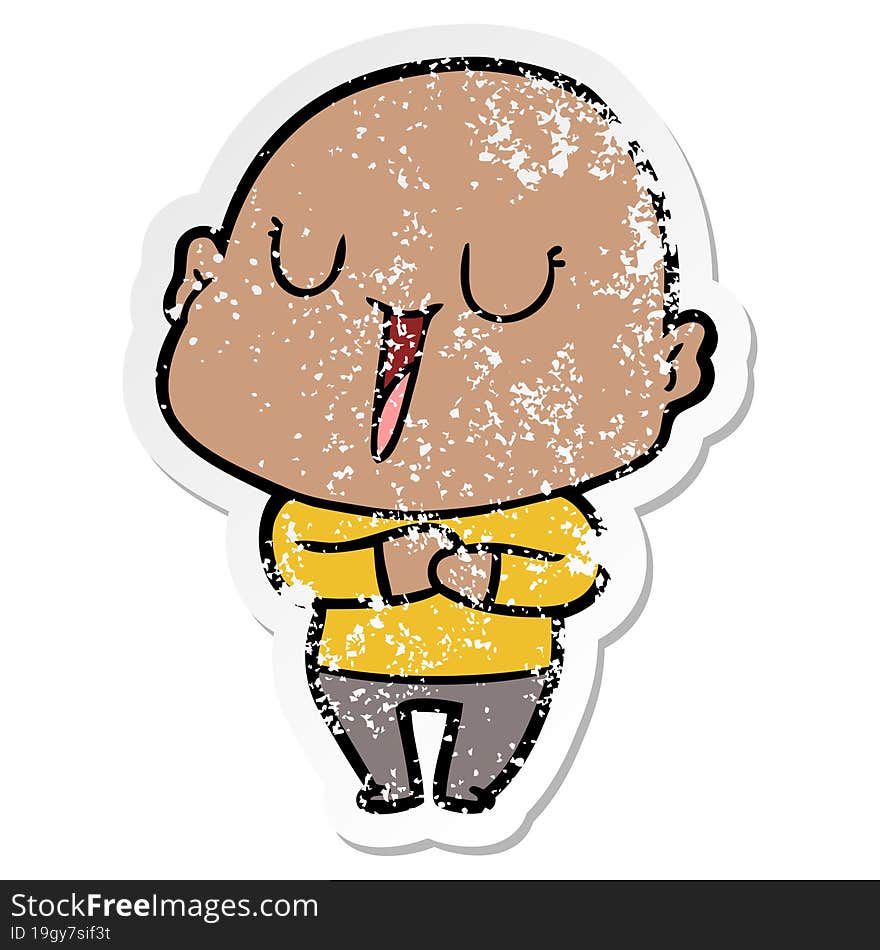 distressed sticker of a happy cartoon bald man