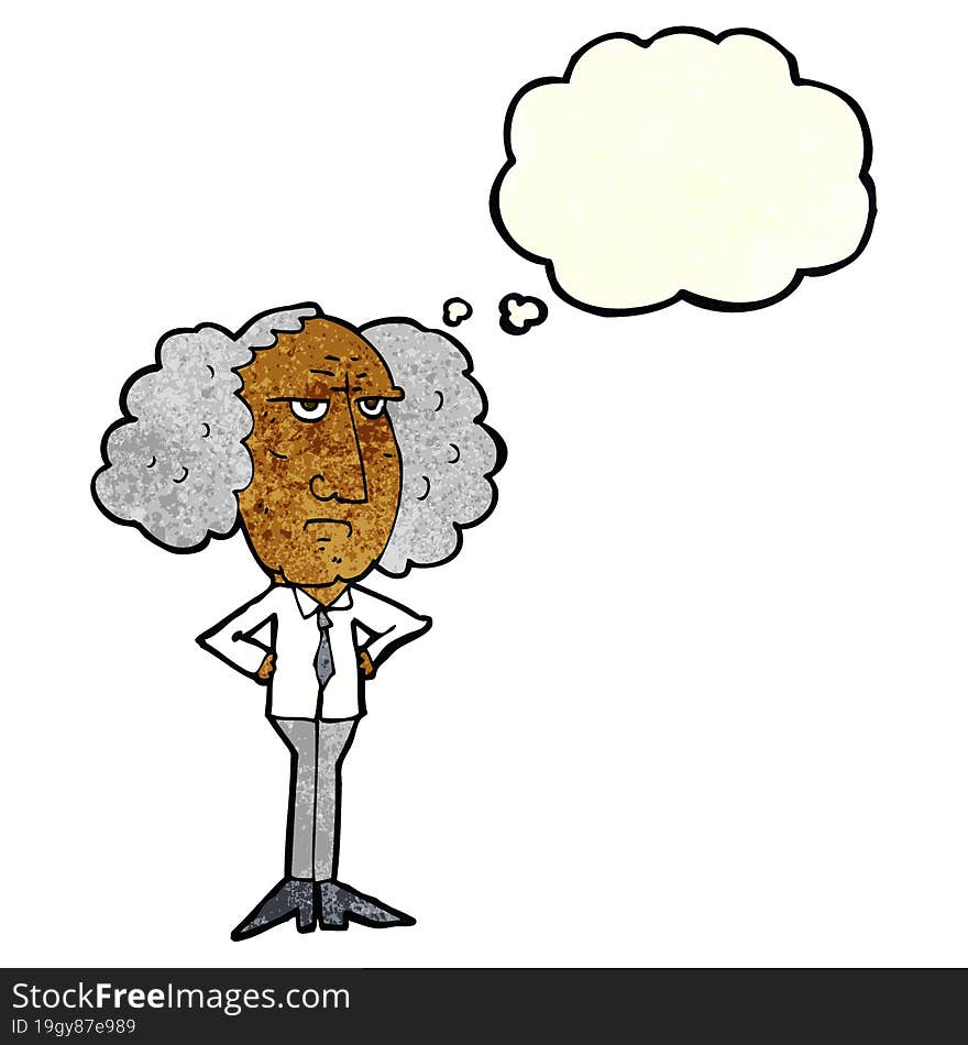 cartoon big hair lecturer man with thought bubble