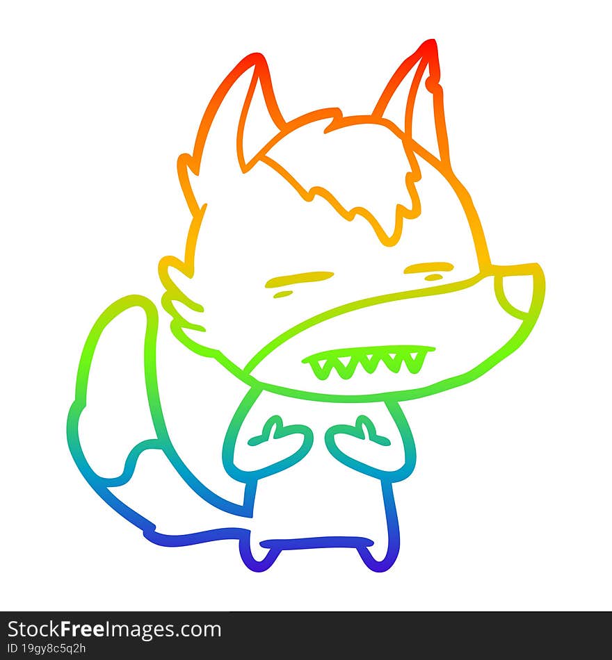 rainbow gradient line drawing cartoon wolf showing teeth