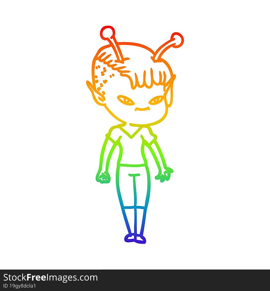 Rainbow Gradient Line Drawing Cute Cartoon Alien Girl