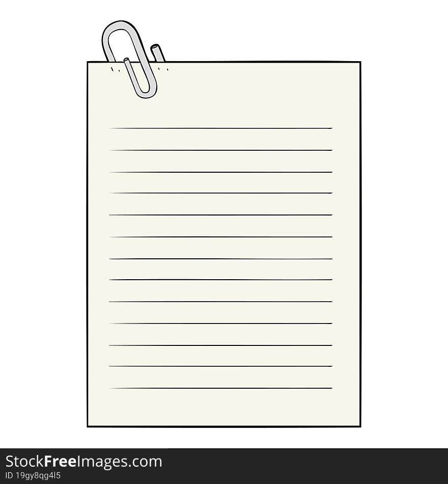 cartoon lined paper with paperclip. cartoon lined paper with paperclip