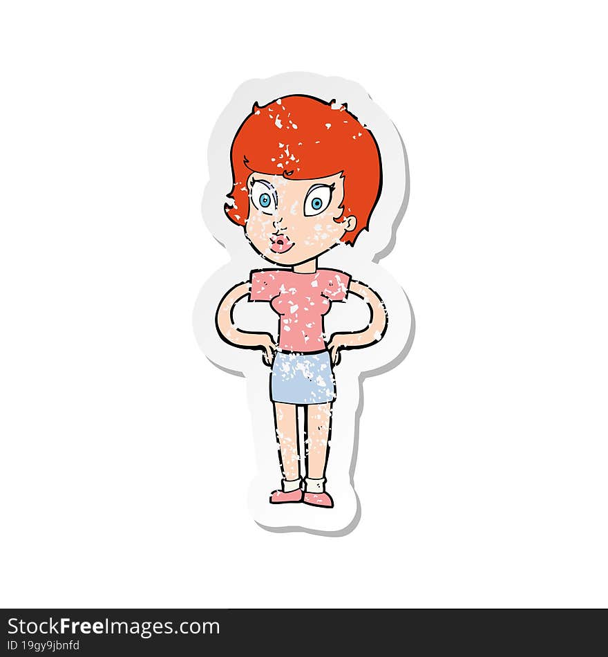 retro distressed sticker of a cartoon woman with hands on hips