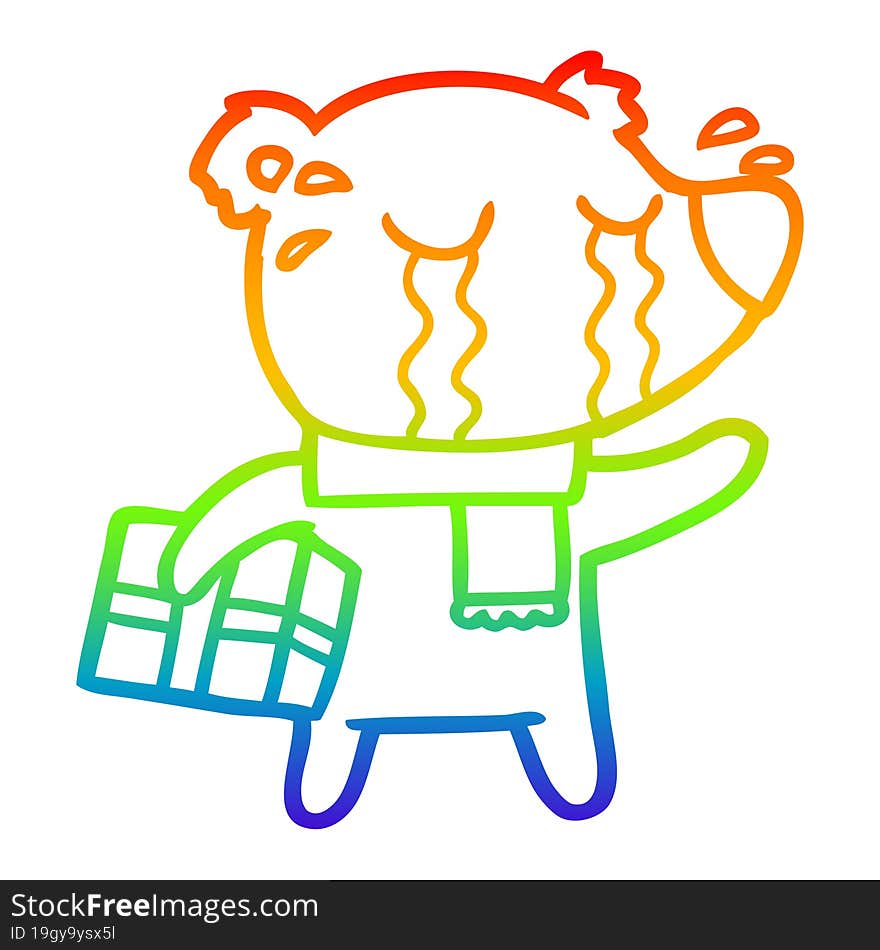 Rainbow Gradient Line Drawing Cartoon Crying Christmas Polar Bear