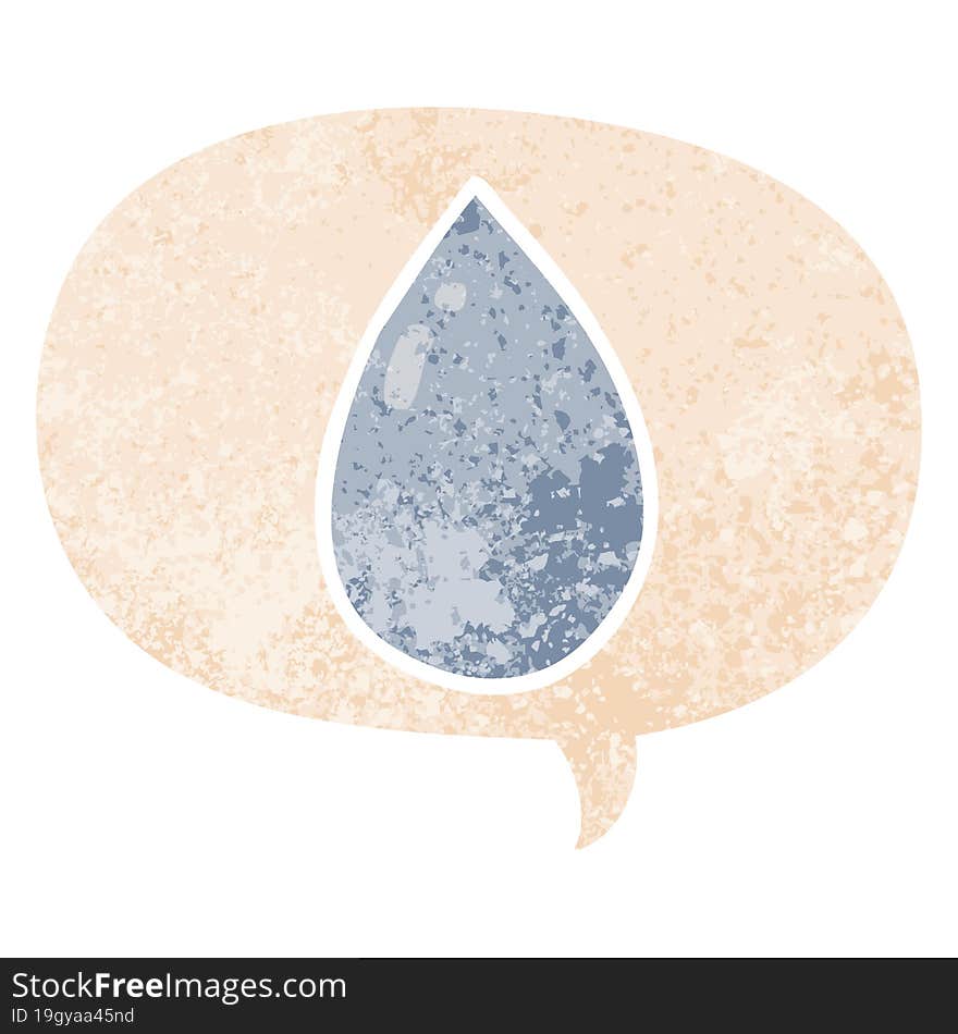 cartoon water droplet with speech bubble in grunge distressed retro textured style. cartoon water droplet with speech bubble in grunge distressed retro textured style