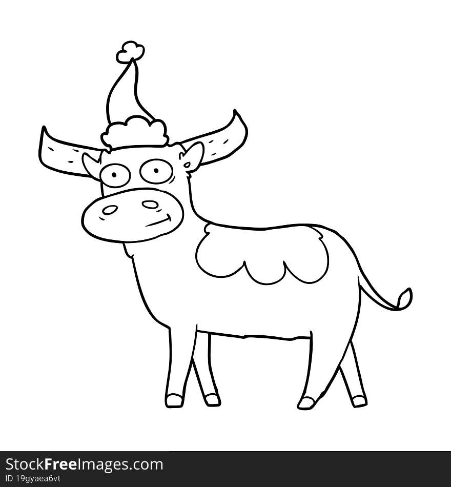 line drawing of a bull wearing santa hat