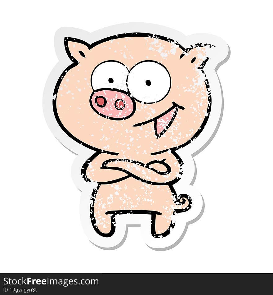 distressed sticker of a cheerful pig cartoon