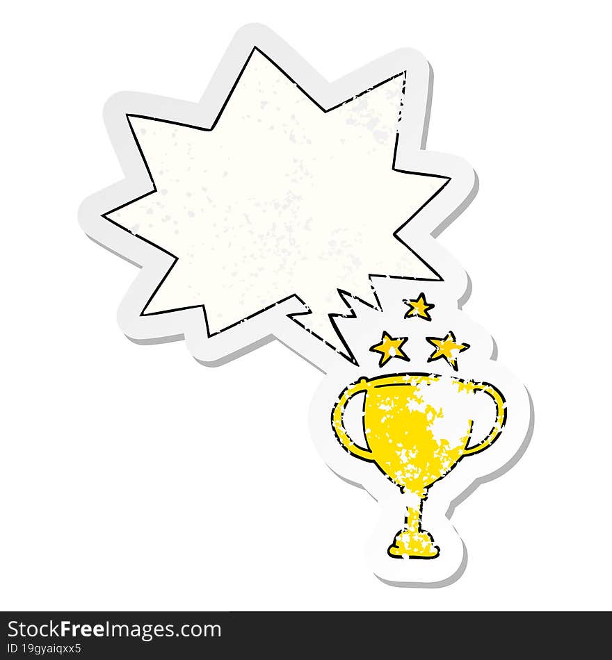 cartoon sports trophy and speech bubble distressed sticker