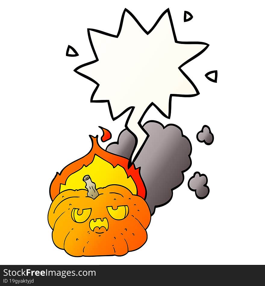 cartoon flaming halloween pumpkin and speech bubble in smooth gradient style