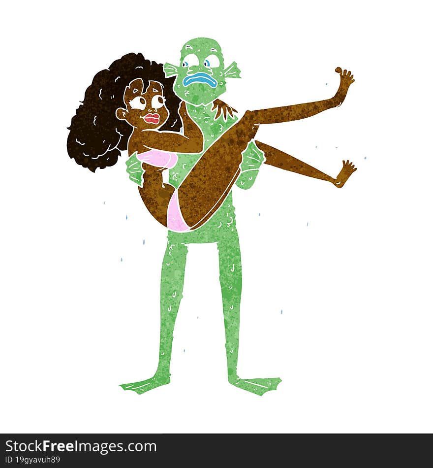 cartoon swamp monster carrying woman in bikini