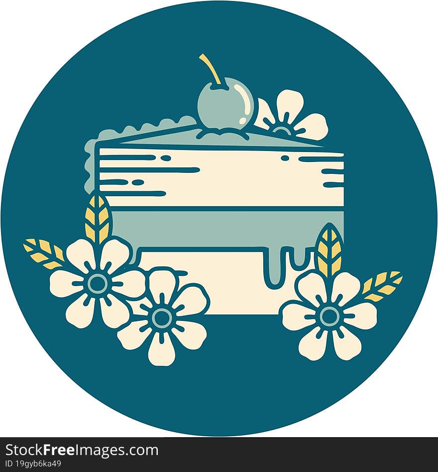 tattoo style icon of a slice of cake and flowers