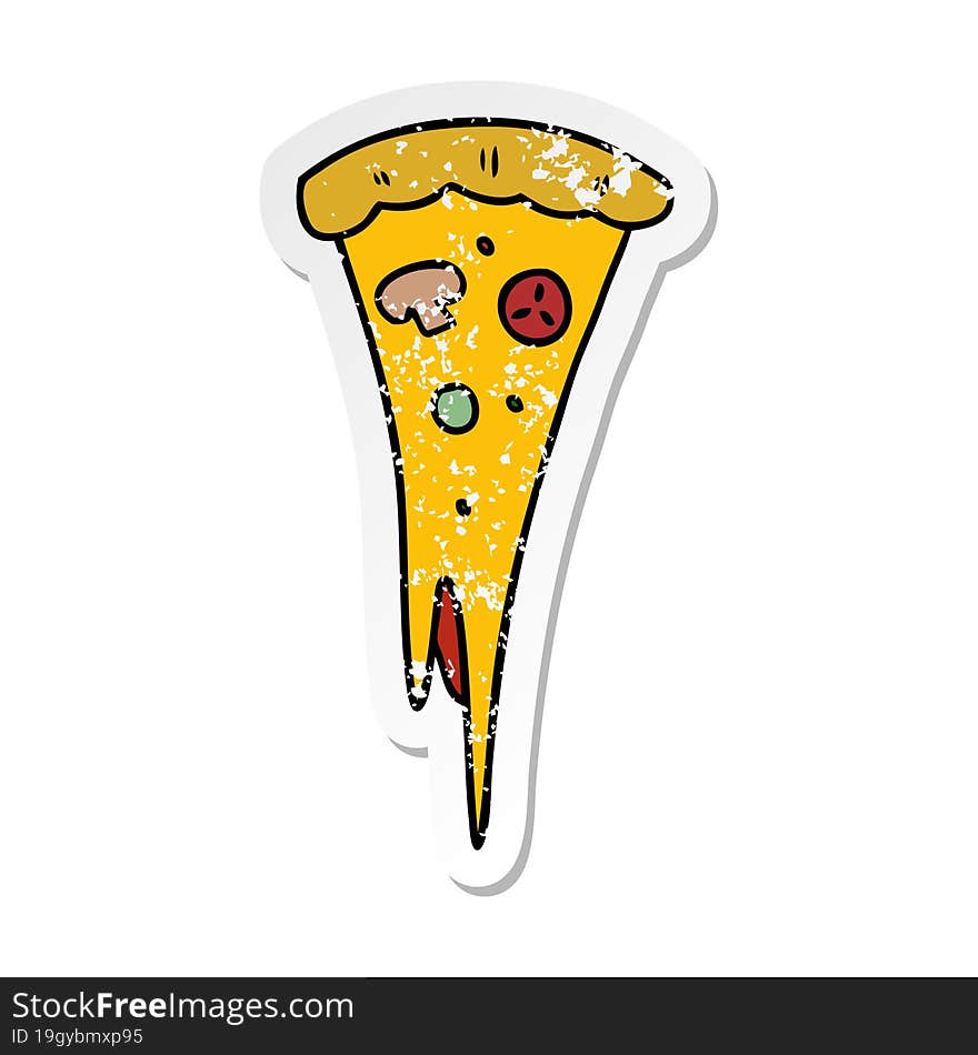 distressed sticker cartoon doodle of a slice of pizza