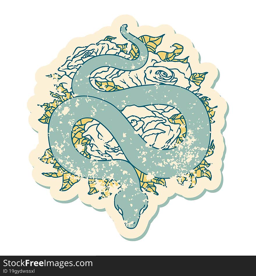 iconic distressed sticker tattoo style image of snake and roses. iconic distressed sticker tattoo style image of snake and roses