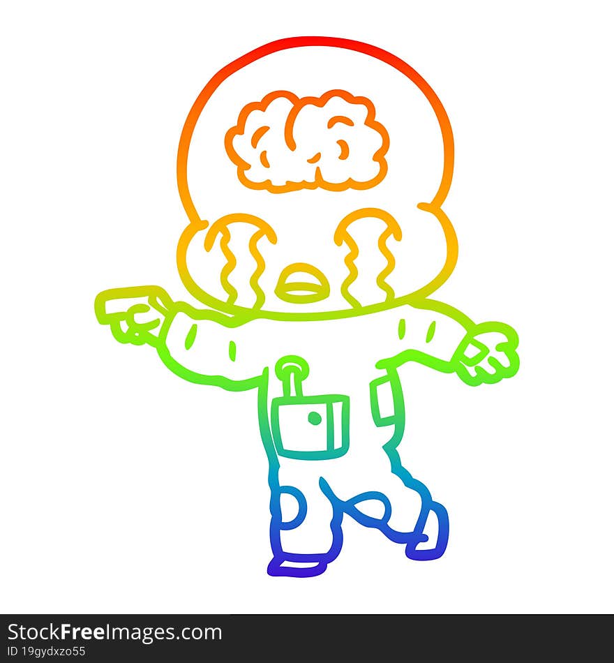 rainbow gradient line drawing cartoon big brain alien crying