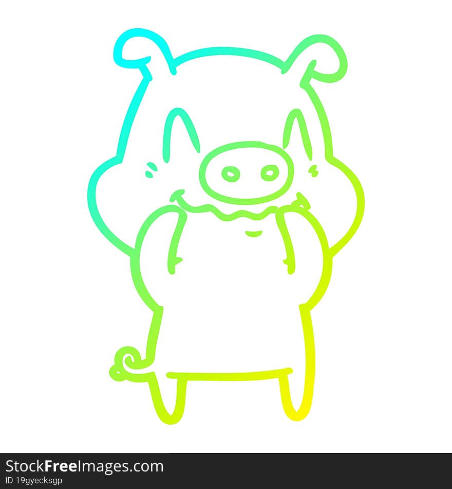 cold gradient line drawing of a nervous cartoon pig