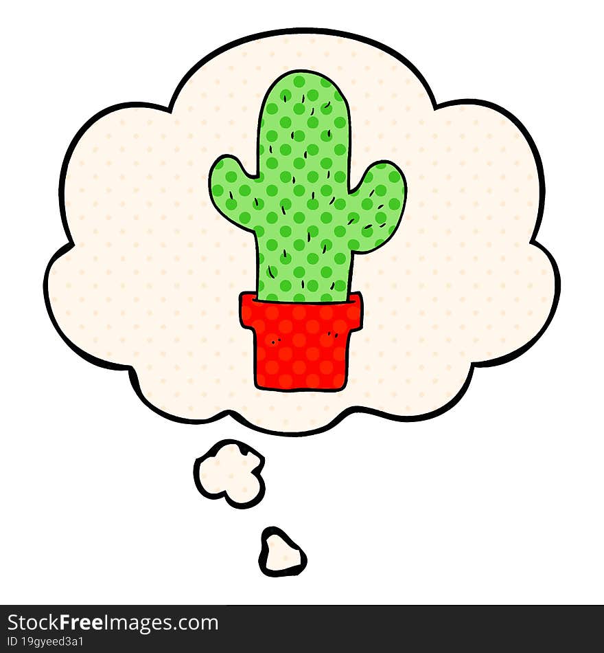 cartoon cactus and thought bubble in comic book style