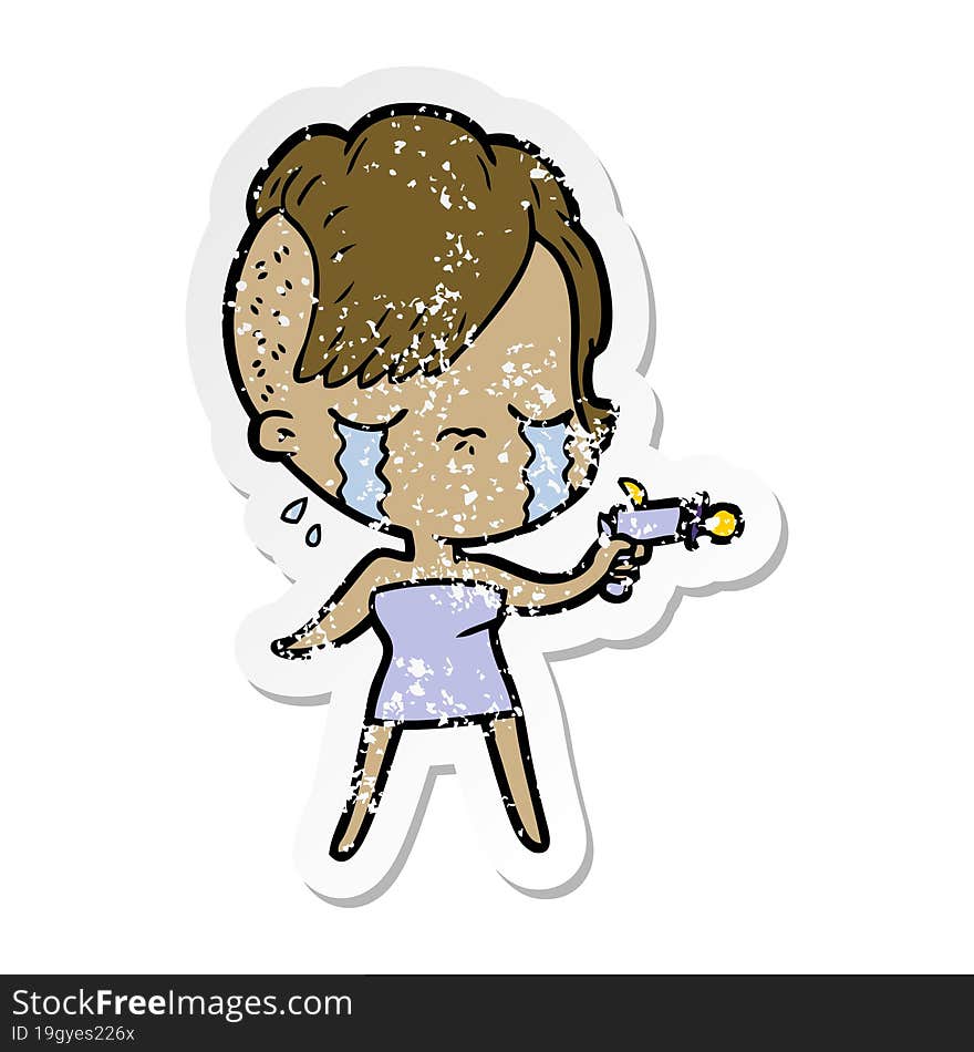 distressed sticker of a cartoon crying girl pointing ray gun