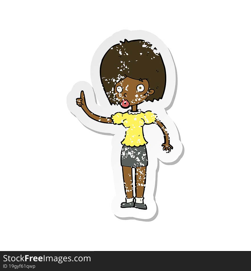 retro distressed sticker of a cartoon woman with idea