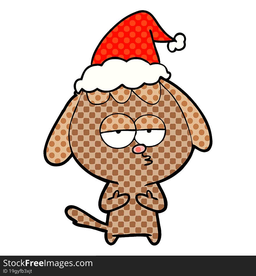 comic book style illustration of a bored dog wearing santa hat