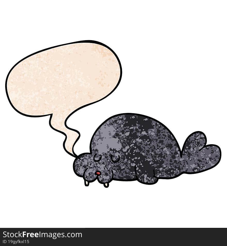 cartoon walrus and speech bubble in retro texture style