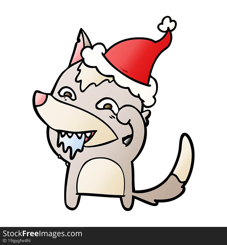 gradient cartoon of a hungry wolf wearing santa hat