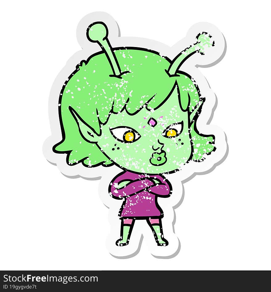 Distressed Sticker Of A Pretty Cartoon Alien Girl